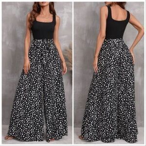 Dalmatian Print Wide Leg Belted Womens Casual Loose Sleeveless Tank Jumpsuits